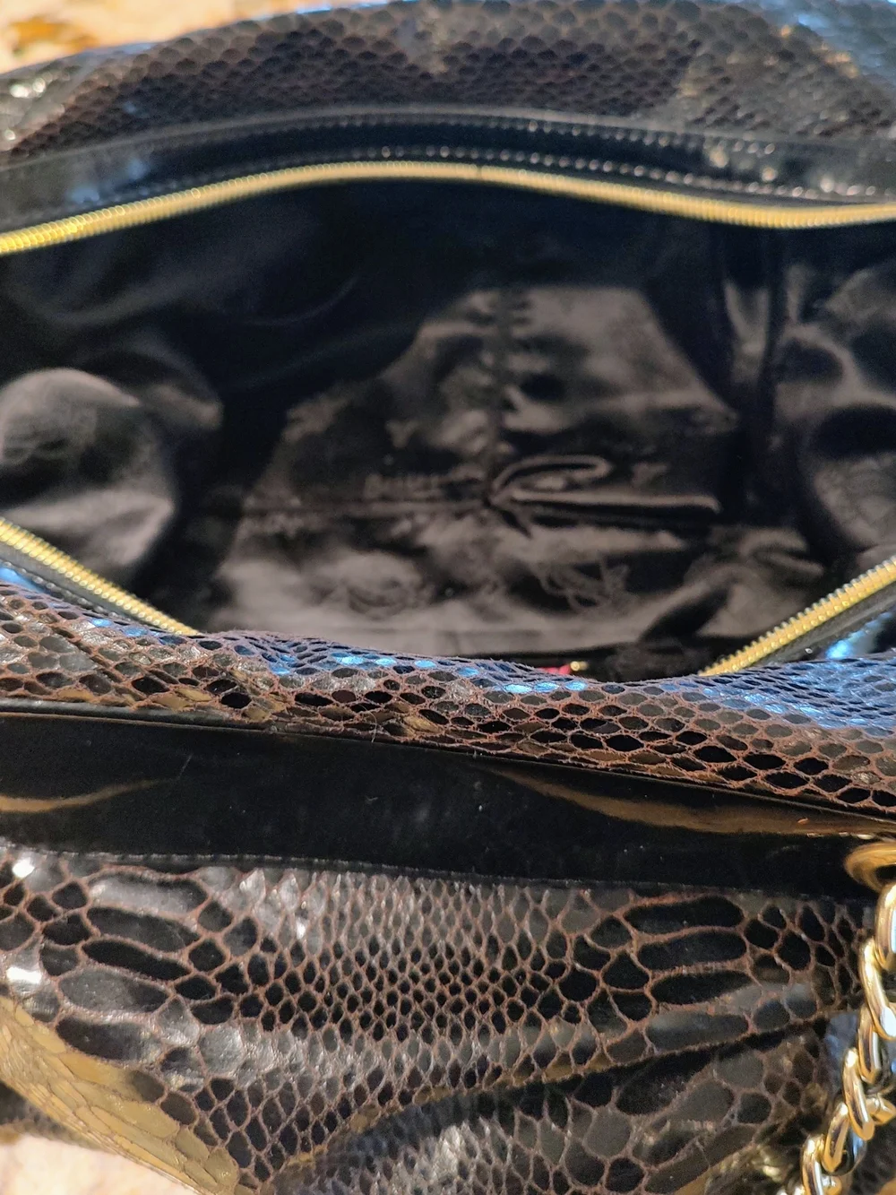 Betsey Johnson Brown and Black Snake-Print Chain Shoulder Bag with Gold Hardware